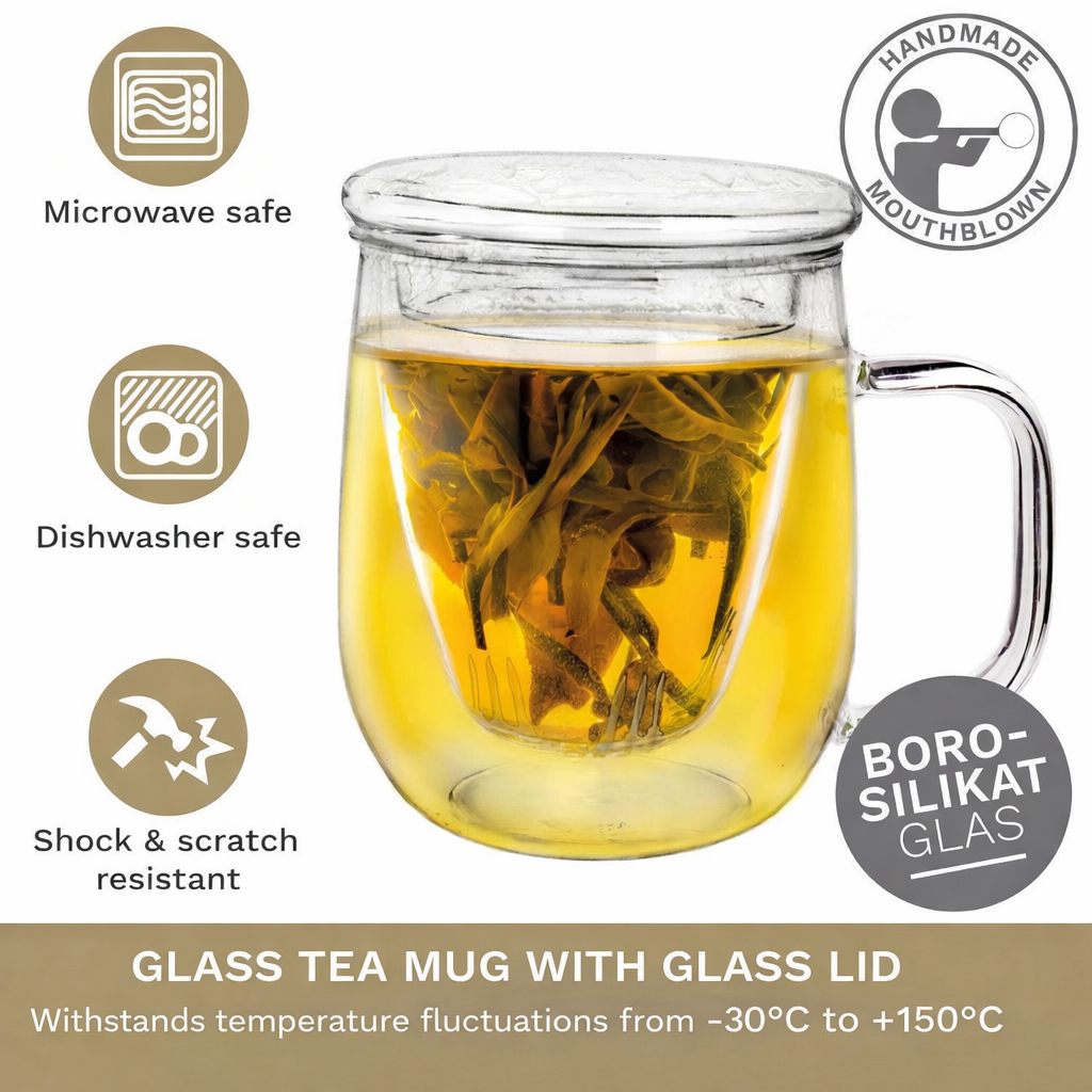 Tea glass with glass strainer and lid