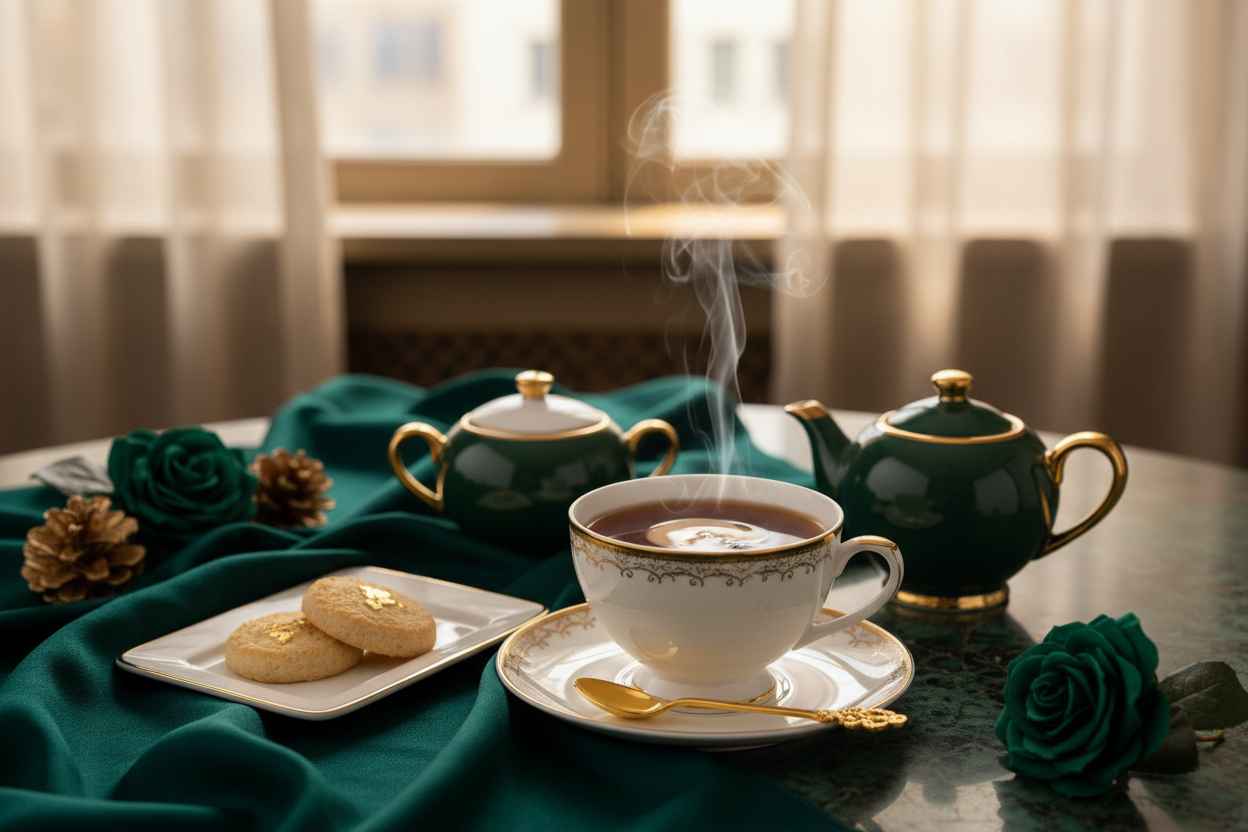 back tea in a cup with milk on the table