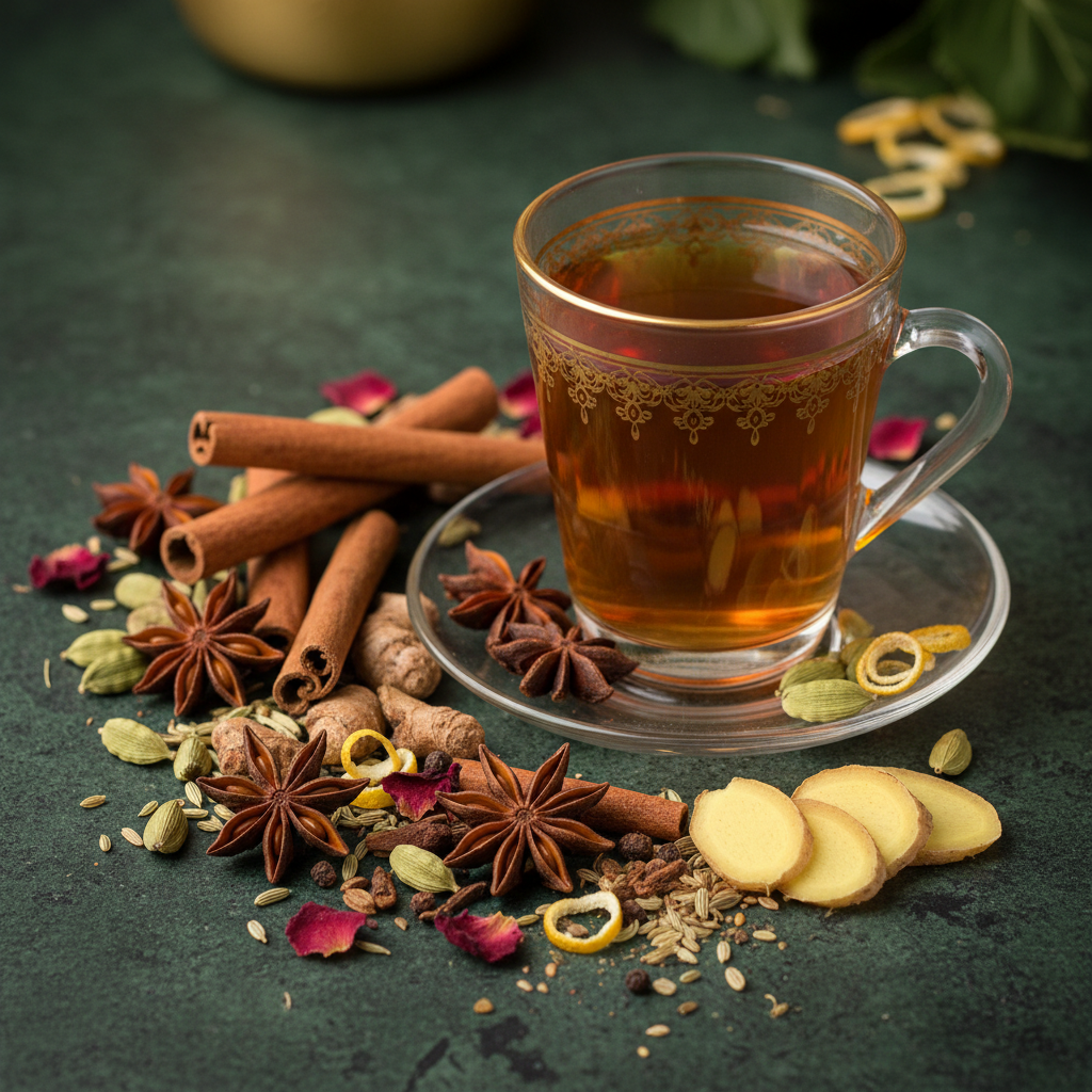 cup of tea from ieces of cinnamon *, anise *, pieces of ginger *, whole cardamom *, fennel *, lemon peel *, rose rose petals
