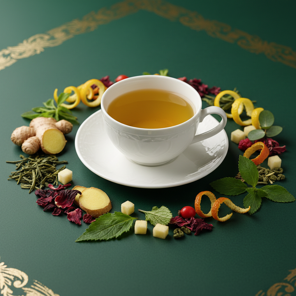 cup of tea from Sencha green tea*, ginger*, apple*, hibiscus flowers*, lemon zest*, orange peel*, rosehip shells*, raspberry leaves*, eucalyptus*, verbena*, natural flavouring of lemon, ginger and lemongrass
