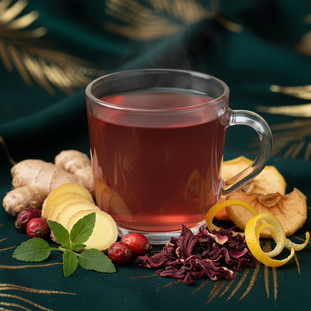 make a tea out of Ginger*, apple*, rose hips*, verbena*, hibiscus petals*, lemon zest*, natural flavors.