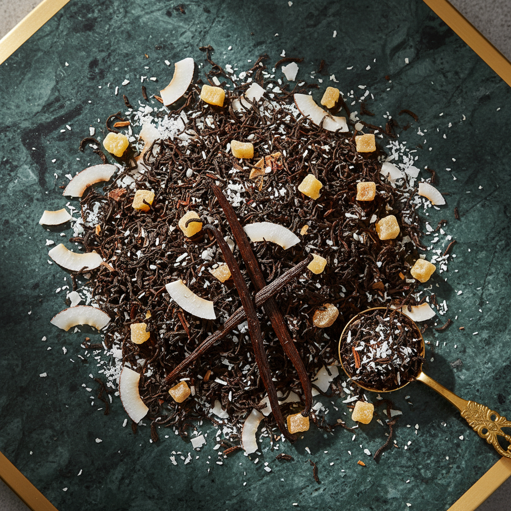 tea from Assam black tea*, apple*, toasted coconut chips*, coconut shavings*, natural vanilla and coconut flavouring, pineapple pieces*, bourbon vanilla