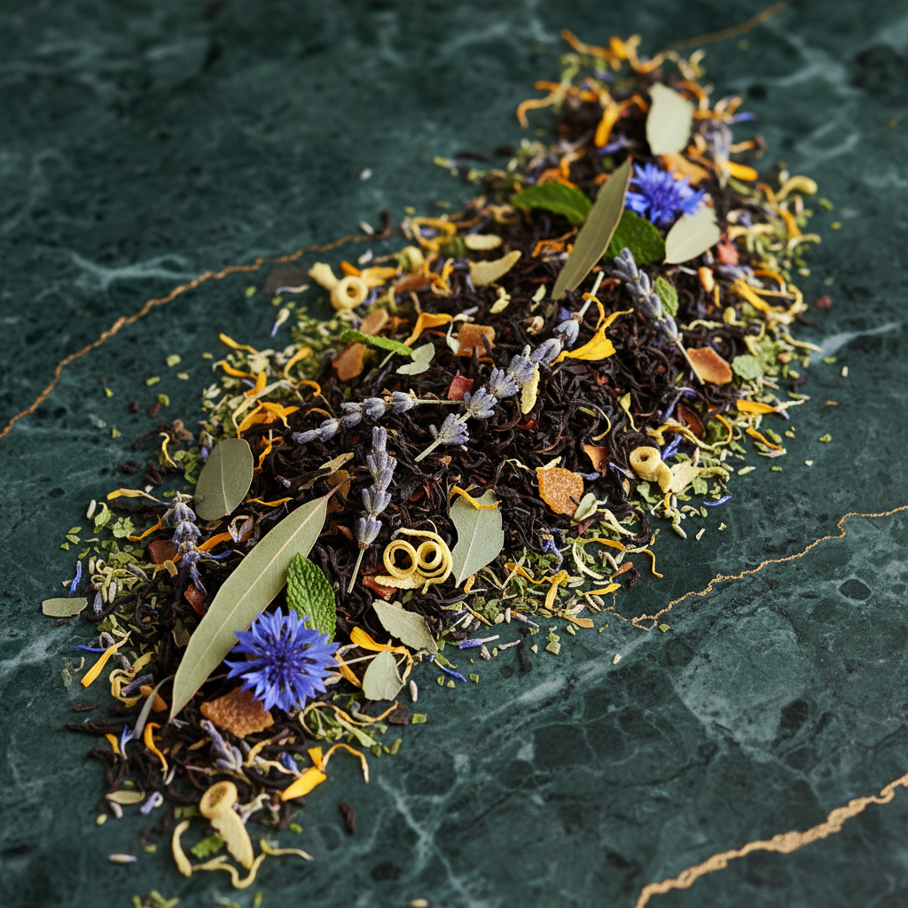  tea from Black tea* (65%), lavender* (8%), eucalyptus*, orange*, peppermint*, lemon*, moringa*, cornflower*, marigold*, lime oil*, peppermint oil*, eucalyptus oil*.