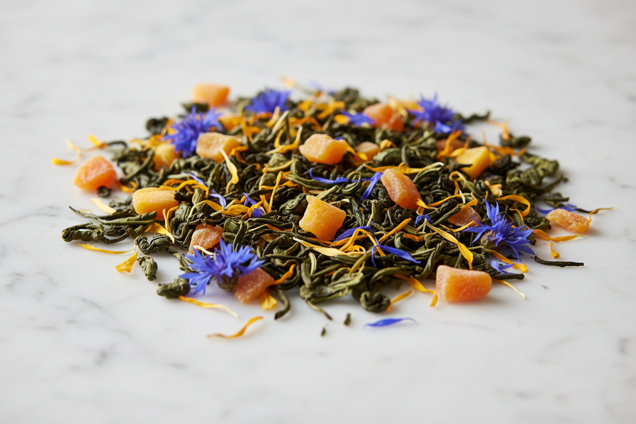 tea  from green tea*, natural mango and bergamot flavor, dried mango*, marigold flowers*, cornflower flowers*