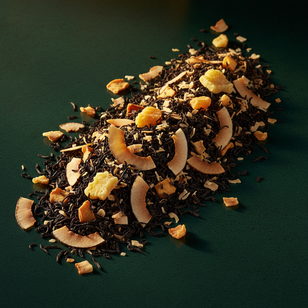 tea from ssam black tea*, apple pieces*, toasted coconut chips*, coconut shavings*, natural coconut flavouring, pineapple pieces