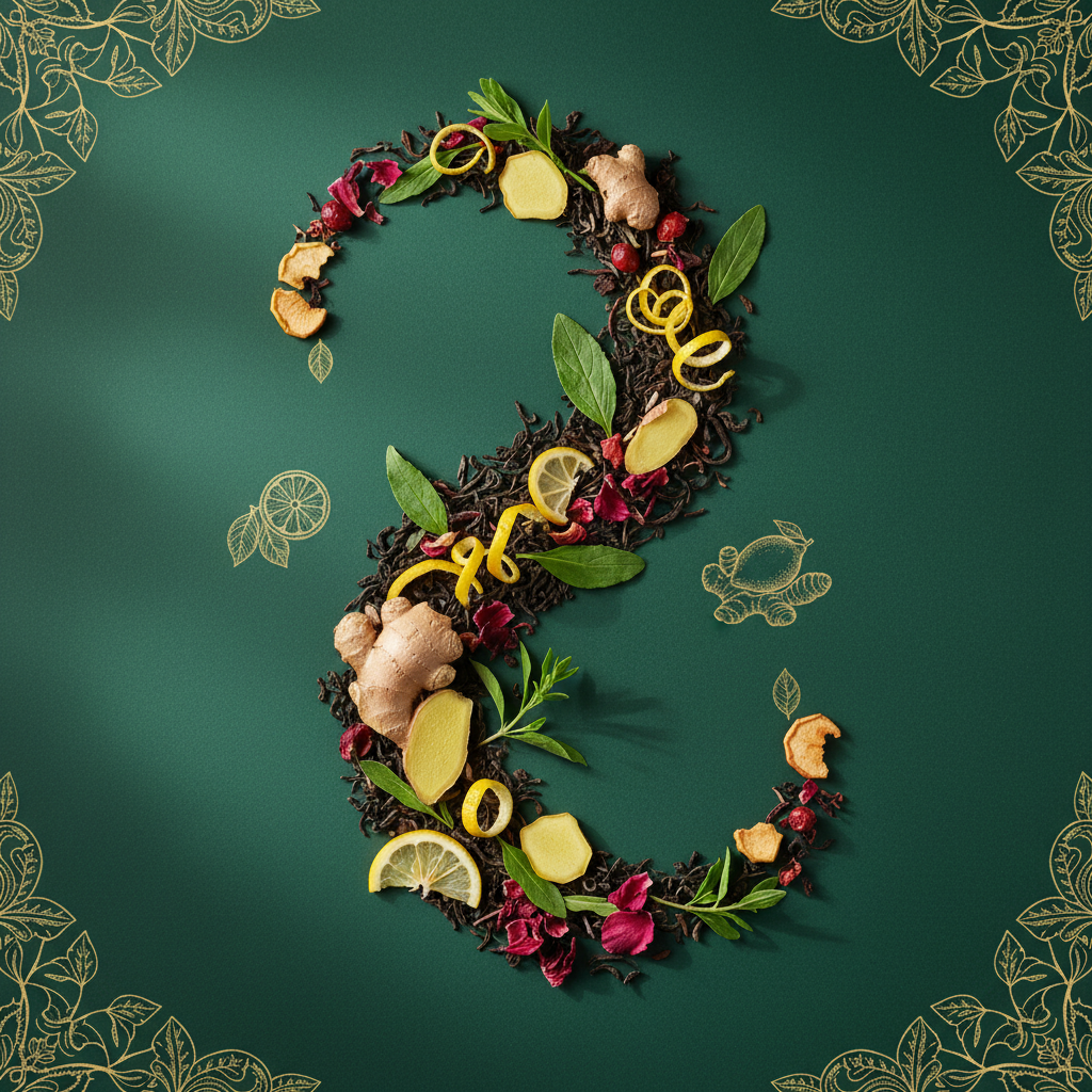 tea from ssam black tea*, ginger*, lemon zest*, apple*, rosehip shells*, verbena*, hibiscus petals*, natural lemon and ginger flavor.